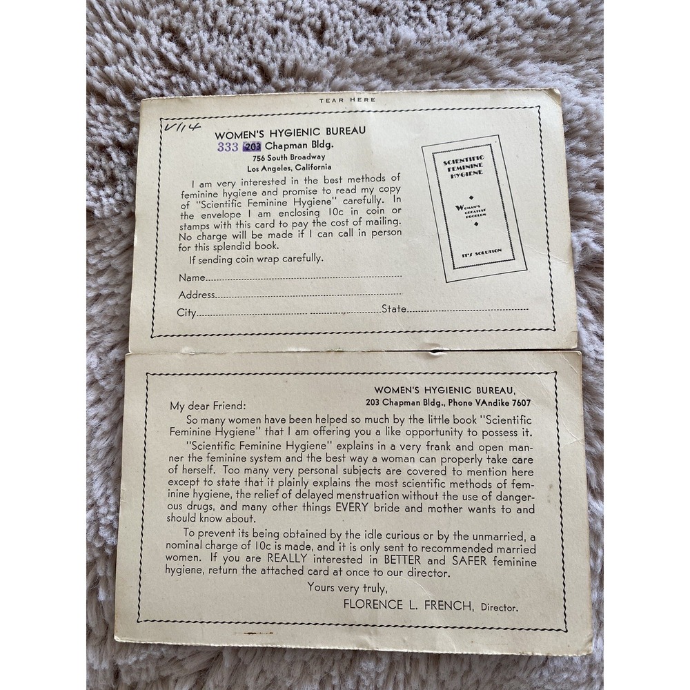 Antique Historic PostCard ADVERTISING"Scientific Feminine Hygiene"women's Bureau